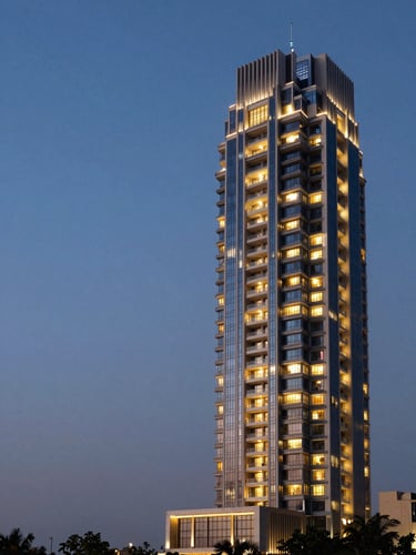 Wide panoramic twilight exterior of a luxury high-rise in Vadodara, warm interior lights glowing against the deep blue dusk sky, sharp architectural lines, expansive negative space on the left.