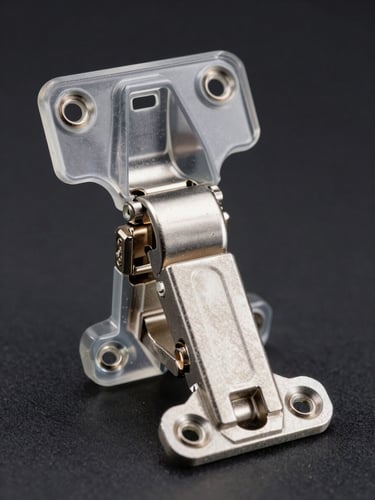 Macro detail shot of a heavy-duty polycarbonate enclosure hinge, hard studio lighting, sharp shadows emphasizing structural rigidity, deep charcoal background.