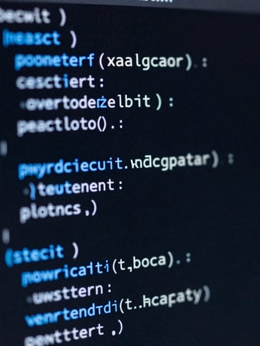 Tight macro shot of clean code on a dark screen with blueprint-blue syntax highlighting, sharp focus, low-key moody studio lighting