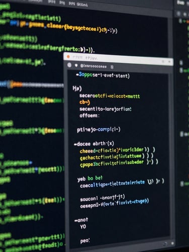 Macro shot of clean code on dark screens with sharp terminal-green highlights, structured grid overlay, technical blueprint aesthetic, low-key lighting.