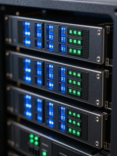 A tight macro shot of clean server hardware with glowing blue and terminal-green LED indicators, emphasizing structured data flow and high physical system integrity.