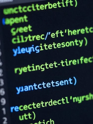 Tight macro shot of terminal screen with clean compiled code, glowing neon green and blue syntax, dark background, sharp focus
