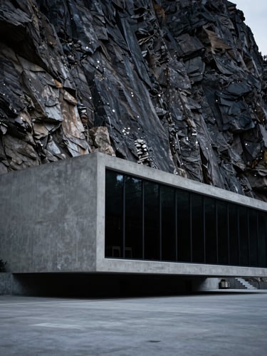 Sweeping architectural perspective of a minimalist concrete and dark glass structure nestled against a rugged Wyoming mountain cliff, dramatic low-key lighting, cool silver highlights