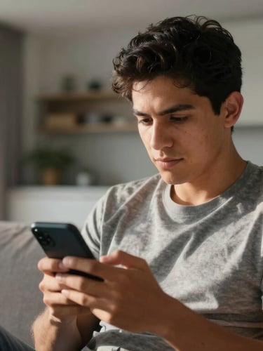 Candid medium shot of a young Latin American sitting in a sunlit modern apartment, looking relaxed and focused at their smartphone, natural high-contrast daylight