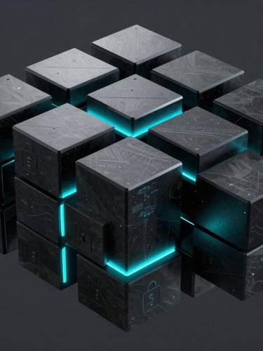 Abstract geometric cluster of secure data blocks, dark technical 3d render, high-contrast electric cyan edge lighting, obsidian tones, sharp macro focus