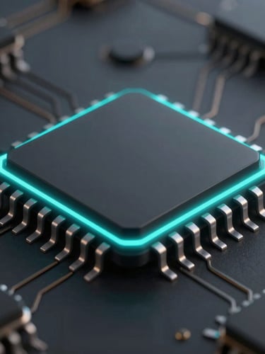 Macro close-up of a physical microchip enclave, dark technical 3d render, high-contrast electric cyan edge lighting, obsidian tones, sharp focus