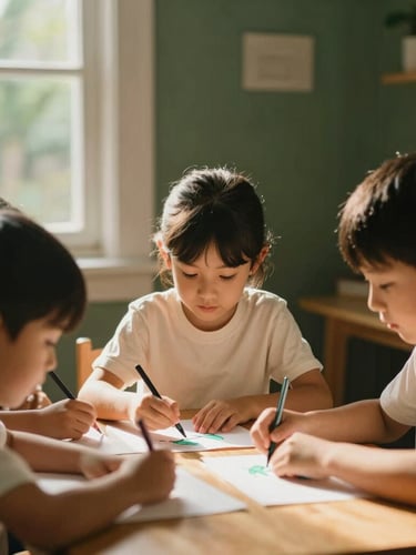 A warm, candid portrait of children collaborating on a creative project around a wooden table, soft window light filtering in, deep forest green and cream tones, shallow depth of field.