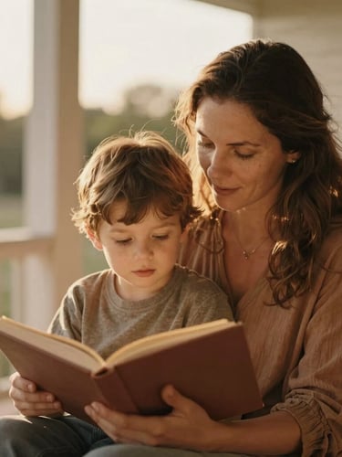A warm candid photo of a mother and her young son reading a book together on a porch, soft golden-hour light, rich earthy tones.
