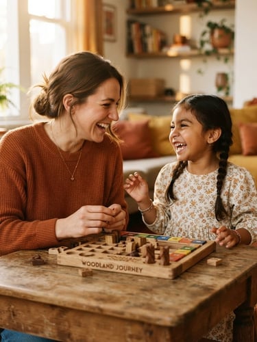 Candid eye-level medium shot of a mentor and a young child laughing over a wooden tabletop board game, warm golden-hour light filtering through window, rich earthy tones, shallow depth of field, candid 35mm.