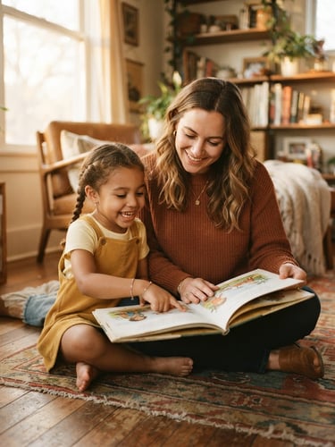 Candid eye-level medium shot of a mentor and a young child smiling while looking at a book together in a warm sunlit room, soft natural golden-hour light, rich earthy tones, 35mm.