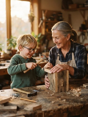 Candid eye-level medium shot of a mentor and a young child smiling while building a wooden birdhouse together, warm golden-hour light filtering through a window, shallow depth of field.