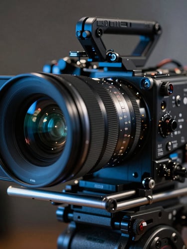 Extreme close-up of a high-end cinematic camera rig on a dimly lit London set, cool blue ambient light reflecting off the metal lens casing.