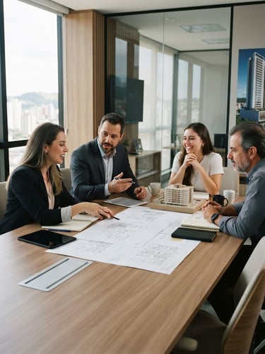 A professional editorial photograph of a modern meeting room in Erechim, bright daylight, real estate brokers collaborating around a table with architectural plans, sharp focus.