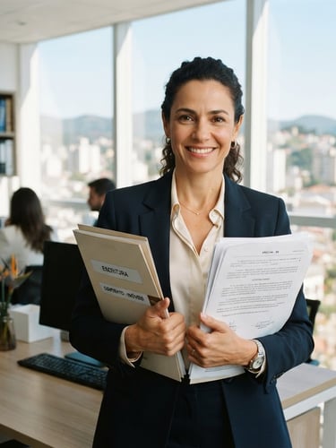 Medium portrait of a professional real estate broker in a bright, modern office in Erechim, holding official documents, warm natural light, 35mm editorial style