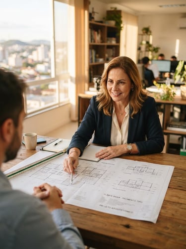 Professional real estate broker reviewing architectural plans on a wooden table in a bright office in Erechim, warm golden daylight, 35mm editorial style