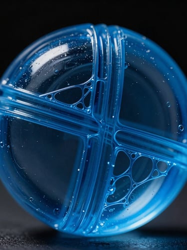 Extreme macro close-up of translucent blue SLA resin print catching sharp side light, showing internal micro-lattices and ultra-thin layers, high-contrast dark mood, 100mm lens