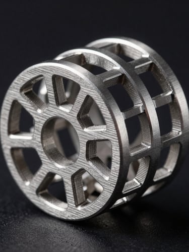Macro shot of a sliced 3D printed titanium lattice structure, high-contrast industrial lighting, sharp metallic edges, dark background