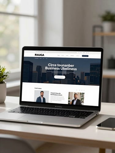 A crisp, straight-on device mockup of a modern business website displayed on a clean desktop setup, bright natural morning light, highly detailed.