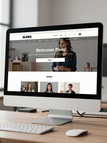 Sleek desktop monitor displaying a sharp, modern business website mockup, bright natural office lighting, minimalist desk setup, high contrast.