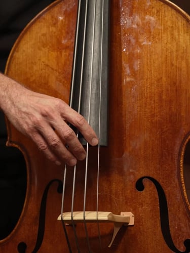 Tactile close-up of hands navigating the fingerboard of an antique upright bass, warm low-key amber lighting highlighting the wood grain