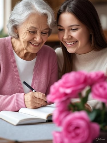Elderly woman and young woman writing in personal journals together"