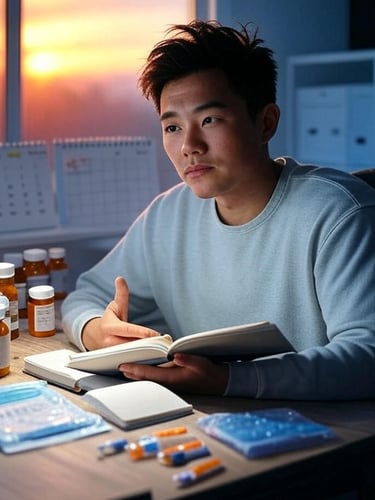 Man with journal and medications