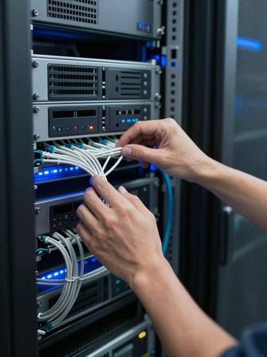 Hands resting on a server rack panel inside a data center, technician fingers tracing cable management channels, cool blue ambient lighting from equipment LEDs, tight portrait crop showing only forearms and rack hardware, no face visible, precise and focused atmosphere