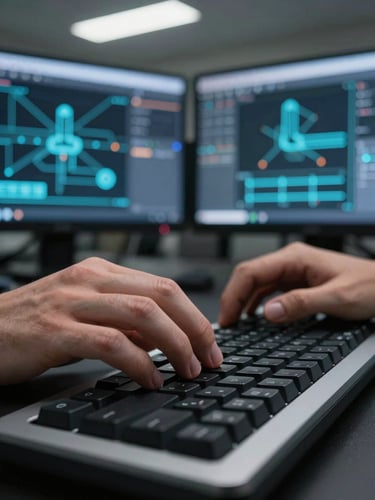 Close-up of hands on a mechanical keyboard in a dimly lit operations center, fingers mid-keystroke, two monitors visible out of focus in the background showing network topology diagrams, cool fluorescent overhead light, tight crop on hands and keyboard surface — no faces, nothing posed
