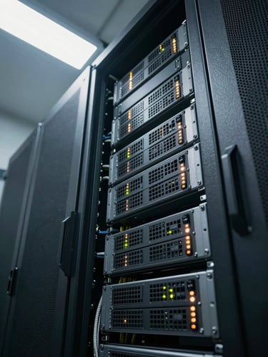 Close-up interior of a professional server room — dense rack-mounted equipment with blinking status LEDs, cable management visible in tight rows, cool fluorescent overhead light casting even illumination on metal chassis. Shot from a low angle looking up the rack face, no people, no text, sharp focus on hardware detail.