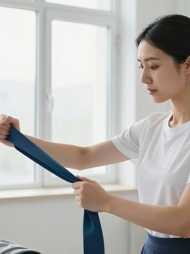Close-up of a female physiotherapist (Negin Rabi) guiding a patient through a rehabilitation exercise with a resistance band, focusing on form and joint alignment, bright clinical interior, natural window daylight, crisp white and navy tones, shallow depth of field, 35mm lens.
