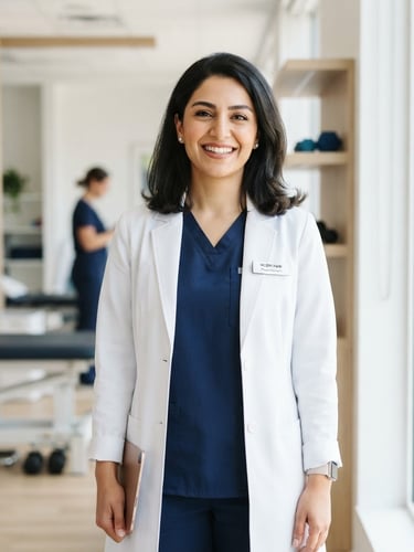 Professional portrait of Negin Rabi, a female physiotherapist, in a bright, modern clinical setting, smiling confidently, natural window daylight, crisp white and navy tones, shallow depth of field, 35mm lens. She is wearing professional attire.