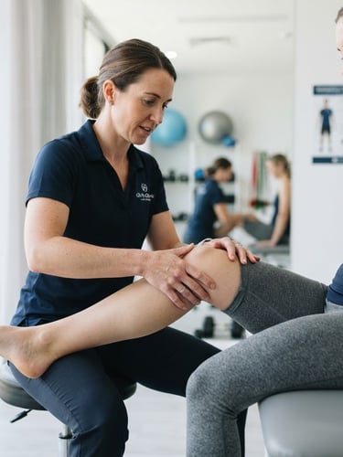 A physiotherapist gently guiding a patient's knee during a rehabilitation exercise, focusing on proper form, bright natural daylight, crisp white and navy tones, shallow depth of field, 35mm lens.
