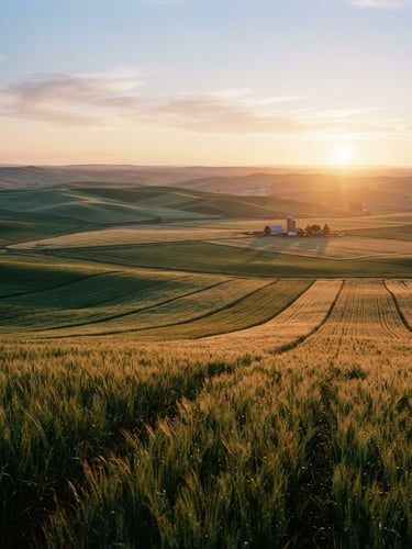 Cinematic wide-angle view of perfectly geometric green fields at sunrise, soft golden-hour morning light casting long shadows across the dew-covered crops, 35mm photography.