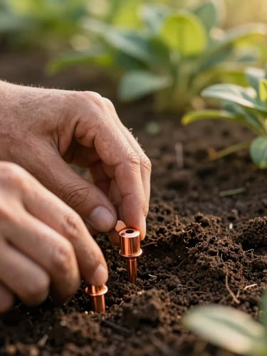 Macro shot of hands interacting with advanced copper soil sensors embedded in rich dark earth, soft golden morning light, shallow depth of field.