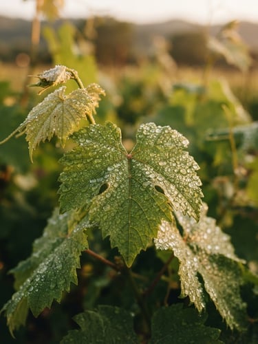 Cinematic macro shot of dew-covered organic leaves on a young heirloom vine, golden-hour morning light casting a warm copper glow, shallow depth of field