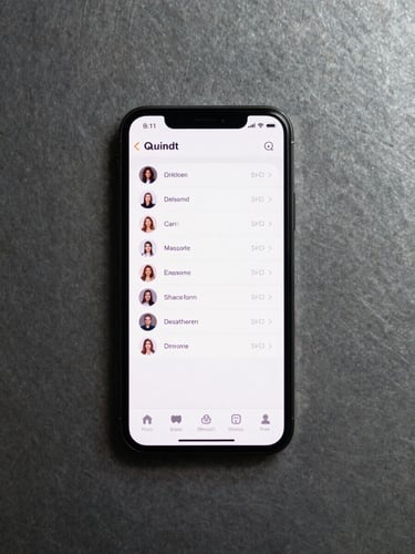 Close-up overhead flat-lay of a smartphone displaying a crisp vCard dashboard interface — profile fields, social links, and action buttons visible on screen — resting on a steel-gray surface under clean studio strobe light, phone centered in frame with generous dark margin around it