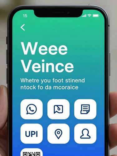 Close-up portrait of a smartphone screen showing a bold teal-to-blue gradient vCard layout: large name in heavy white type, designation below, five high-contrast white icon buttons for Call, WhatsApp, Maps, UPI, Save, QR code visible at bottom corner, clean daylight lighting