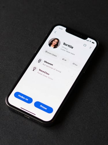 Close-up overhead flat-lay of a smartphone screen displaying a clean digital vCard profile — name, designation, and action buttons visible — resting on a matte dark desk surface, studio strobe lighting, high contrast, no hands, no text overlays