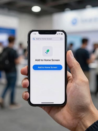 Medium-shot close-up of a hand holding a smartphone displaying an Add to Home Screen browser prompt over a clean vCard profile layout, event trade-show floor visible blurred in background, clean daylight, high contrast, no visible text on screen