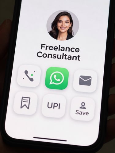 Close-up portrait of a smartphone screen showing a clean white vCard layout: circular profile photo at top, name and 'Freelance Consultant' title below, five compact action buttons labeled Call, WhatsApp, Maps, UPI, Save — steel-gray icons on white pill buttons, studio strobe lighting, no background clutter