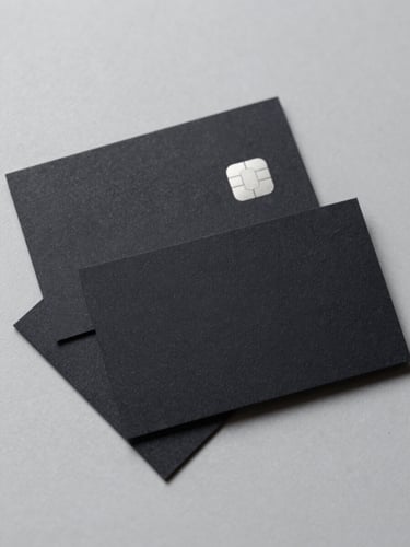Overhead flat-lay of three premium matte business cards fanned on a clean light gray surface, an NFC chip visible on the back of the top card, studio strobe lighting, high contrast, no text visible, close-up framing with the cards filling three-quarters of the frame