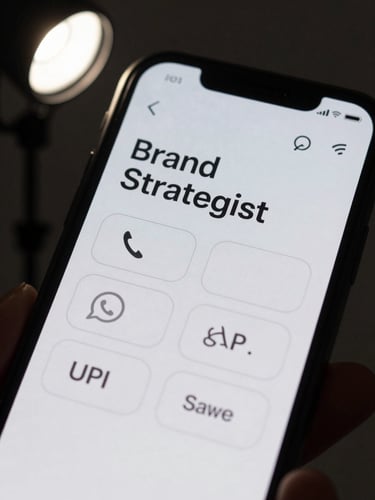 Close-up portrait of a smartphone screen showing a light gray minimal vCard layout: thin line dividers, name and 'Brand Strategist' in geometric sans-serif, five ghost-outline action buttons for Call, WhatsApp, Maps, UPI, Save, NFC chip icon visible at top right, overhead studio strobe, sharp shadows