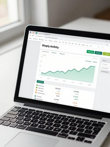 Close-up of an open laptop screen displaying a Shopify analytics dashboard with revenue graphs and conversion metrics, placed on a clean white desk, natural daylight from the left, keyboard and trackpad visible in the lower frame