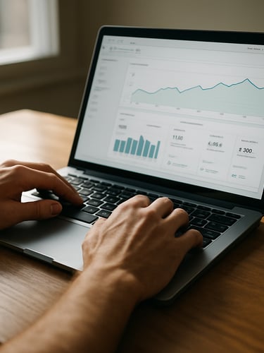 Close-up of hands resting on a laptop keyboard on a clean wooden desk, a Shopify analytics dashboard visible on the screen, natural daylight from a window to the left casting soft shadows across the keys