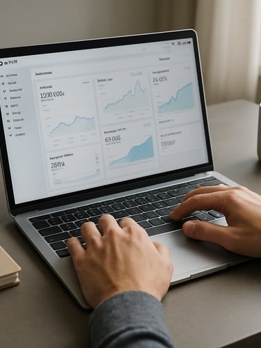 Close-up wide shot of a clean desk workspace, open laptop displaying a Shopify analytics dashboard, hands resting on keyboard, natural daylight streaming from the right, warm grey desk surface visible, organized and uncluttered