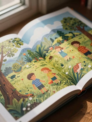 Macro overhead shot of an open children's book displaying rich, saturated illustrations on thick matte paper, natural library window light, soft shadows.