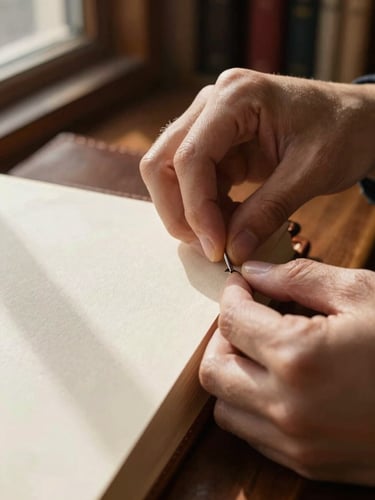 A close-up of artisan hands carefully stitching the spine of a leather-bound book, warm library window light casting soft shadows on textured cream paper