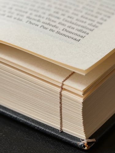 Close-up of Smyth-sewn binding threads visible in an open hardback book, textured cream paper, dramatic side lighting.