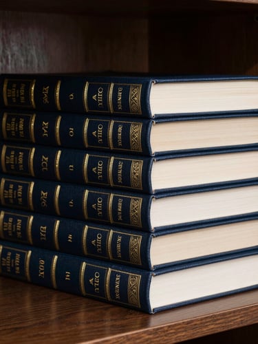 A stack of hardcover theological textbooks with custom cloth-bound covers and gold foil-stamped spines on a dark wooden shelf