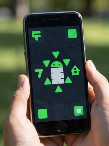 Macro shot of an Android screen displaying a slow-paced puzzle game with sharp geometric shapes and electric green accents, held by hands in a sunlit park.